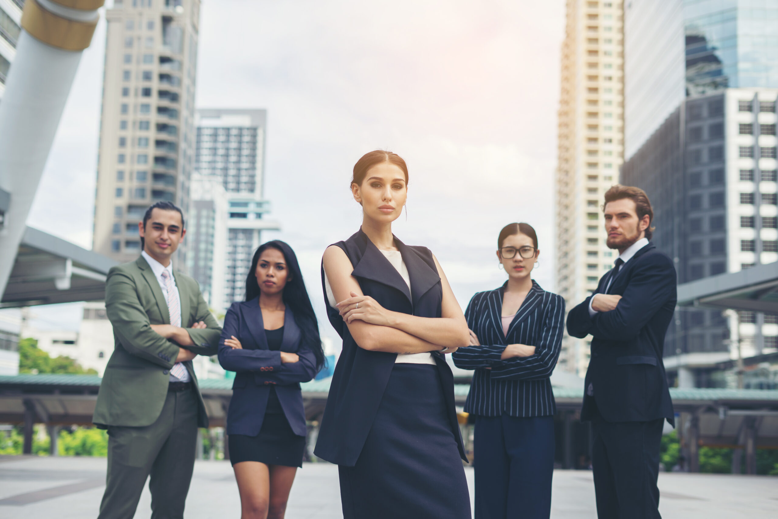 portrait of business people worker team outside.